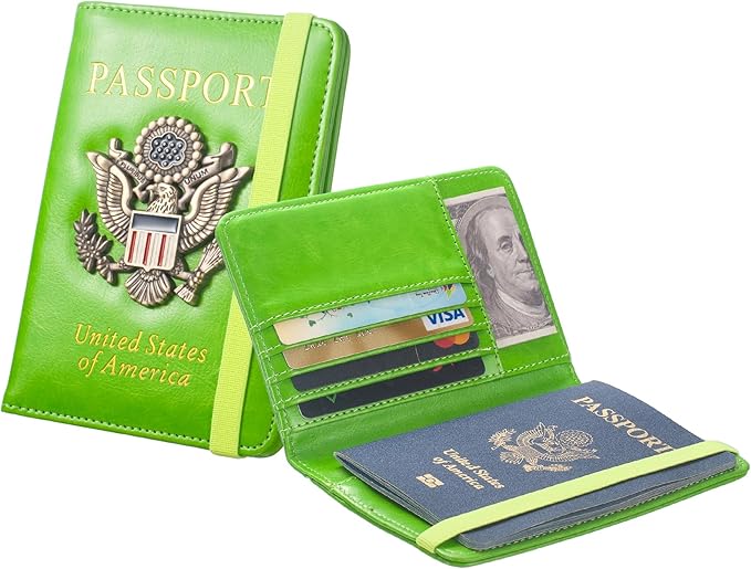 RFID Passport Holder for Travel Men, US Passport Cover Wallet Case, RFID Blocking Waterproof Leather Travel Wallet for Men Women, Document Protector for Traveling-Green