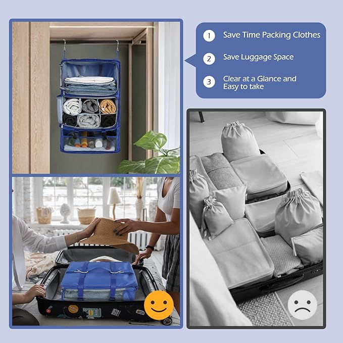 Surblue Hanging Shelves Travel Storage Bag Compression Packing Cube for Suitcase Portable Closet Organizer Collapsible with Extension Layer Large Capacity,Blue,XXL