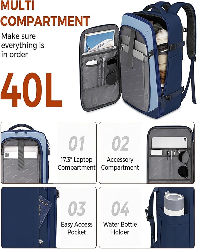 Vancropak 40L Carry On Travel Backpack, Flight Approved Expandable Weekender Bag with 3 Packing Cubes, Suitcase Backpack Fits 17" Laptop, Water Resistant Anti Theft Daypack Bag for Men Women, Blue