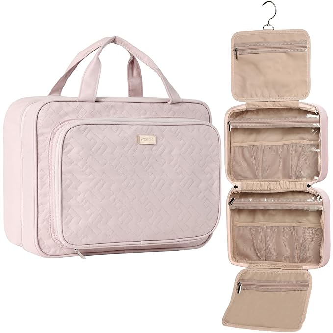 NISHEL Hanging Travel Toiletry Bag, Visible Makeup Organizer, Cosmetic Case for Journey Accessories, Bathroom Shower, Pink