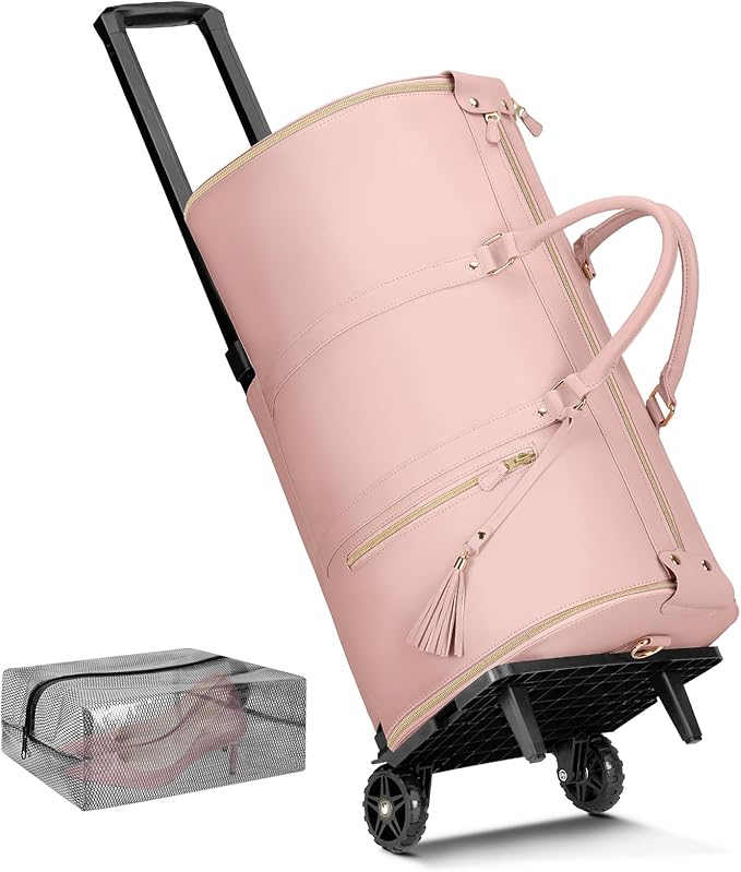 Ytonet Rolling Garment Bags for Travel, Convertible Carry On PU Leather Travel Bag 2.0 Roller Edition, 3 in 1 Suit Garment Duffle Bag with Wheels and Shoe Pouch for Business Wedding Overnight, Pink