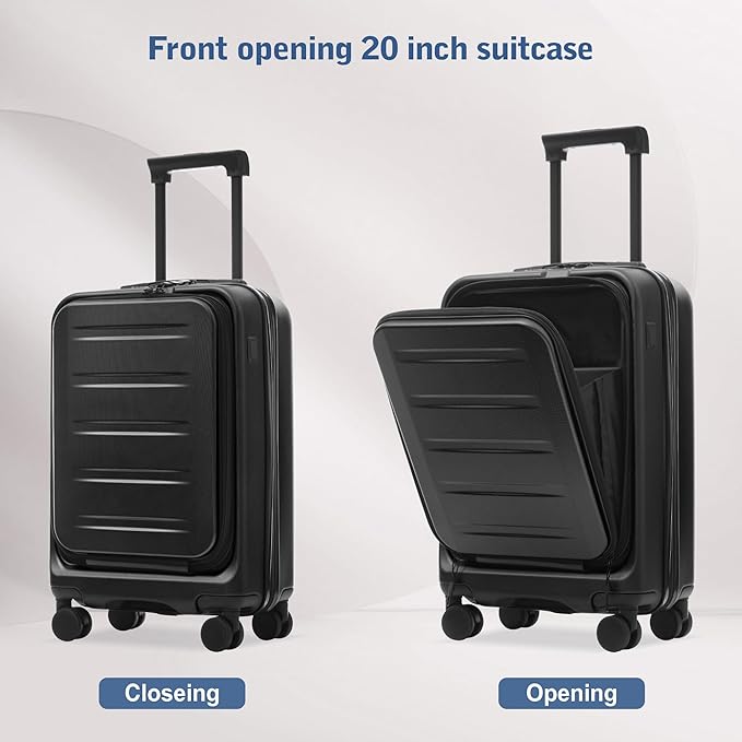 Merax Luggage Sets 5 Piece Front Open, Hardside 20" Carry On Suitcase Set with USB Port,Lightweight Expandable Travel 24" 28" Luggage with Bags TSA Locks Double Spinner Wheels,Black