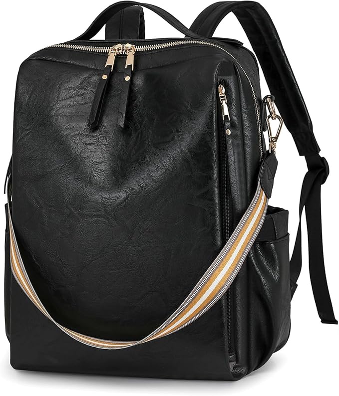 myfriday PU Leather Large Backpack Purse for Women Casual Travel Backpack Convertible Satchel Handbags With Luggage Strap (Black)