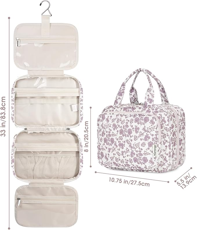 Narwey Hanging Floral Toiletry Bag for Women Travel Makeup Bag Organizer Toiletries Bag for Travel Size Essentials Accessories Cosmetics (Dusty Pink Flower (Medium))