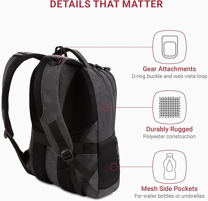 SwissGear 5505 Cecil 16” Laptop Backpack Charcoal – Daily Laptop Bag with Gear Attachment Options – Multiple Organizer Pockets & Padded Shoulder Straps