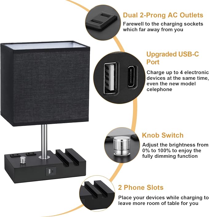 Black Bedside Table Lamps Set of 2 - Dimmable, USB C+A, 2 AC Outlets | Dimming By Rotary Knob, USB C+A Ports, 2 Phone Stands, LED Bulbs Included, Rectangle Black Lampshade, for Living Room, Desk