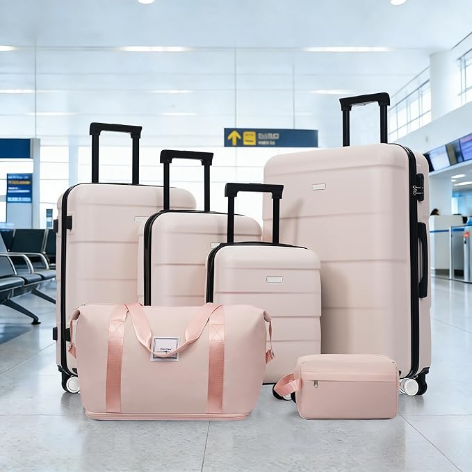 6 Piece Luggage Set Hard Shell - Light Pink Traveling Suitcases with Spinner Wheels and Duffel Bags for Family Travel, Durable Carry On Luggage Sets with Lock for Women and Girls