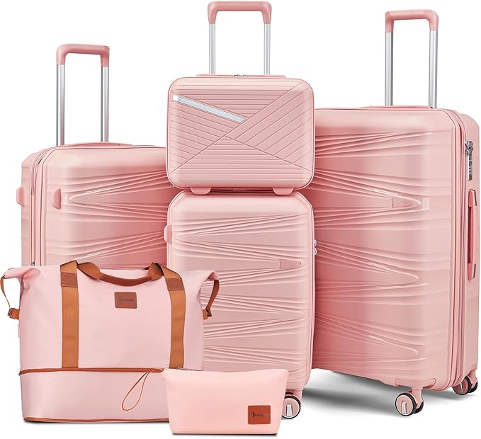 6 Piece Luggage Set PP Hardshell, Expandable Suitcase Set with Spinner Wheels (20/24/28), Includes 14" Cosmetic Case, Travel Duffel & Toiletry Bag, Lightweight TSA Lock Nested Set (Pink)
