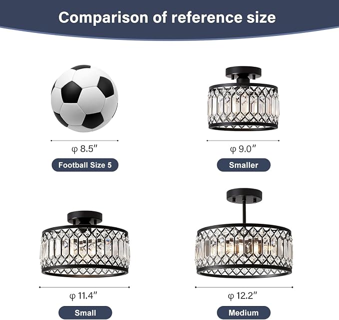 Pevfah Crystal Black Ceiling Light, 3-Light Semi Flush Light Fixture, 12 in | Flush Mount Dining Room Chandelier, Modern Light Fixture Ceiling Mount for Kitchen, Entryway, Bedroom, Bulbs Not Included