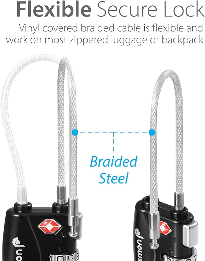 Fosmon TSA Approved Cable Locks for Luggage, Suitcase, Gun Case with Push Release Button, 3 Digit Long Shackle Combination Wire Locks for Backpack Zipper Anti Theft, Gym Locker -2 Pack, Black