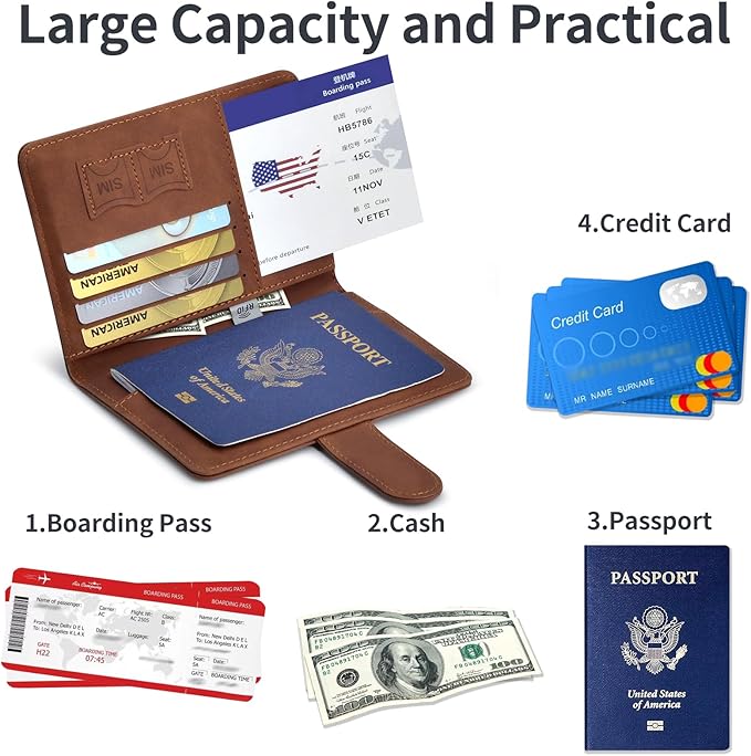 Passport Holder, Passport Cover with Credit Card Slot and Boarding Pass Slot Combo, Passport Wallet Case Book Travel Must Have, RFID Blocking Leather Travel Accessories, Brown