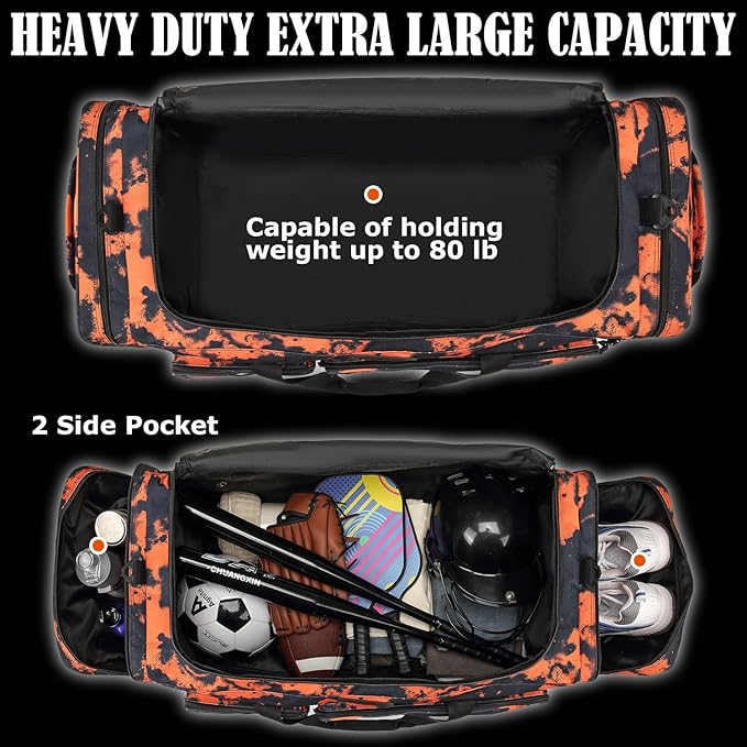 Extra Large Duffle Bag for Men, Heavy Duty Duffle Bag for Travel, Large Sports Gym Equipment Bag for Hockey Football Soccer Baseball Basketball & Team training (Orange Graffiti)