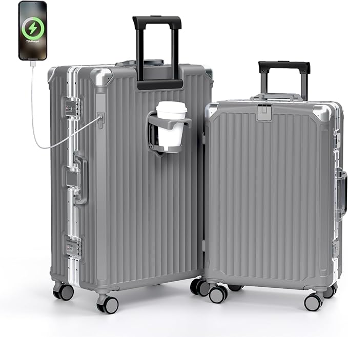 Krute No Zipper Luggage Set 2 Pieces Aluminum Frame PC Hard Shell Zipperless Suitcase Set With Wheels TSA Lock Carry On Luggage and Checked Suitcases