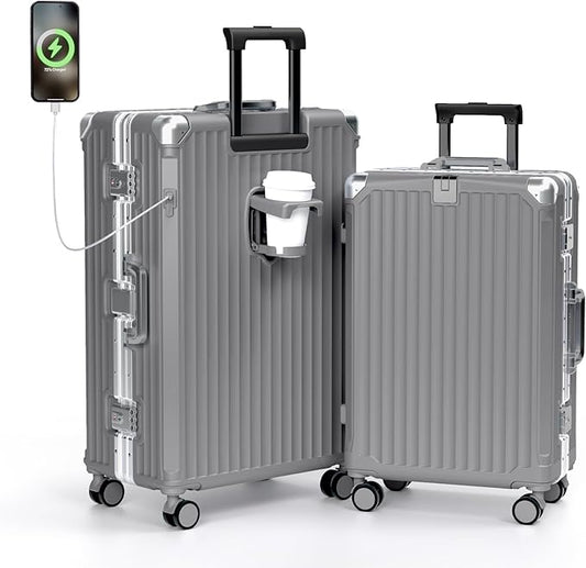Krute No Zipper Luggage Set 2 Pieces Aluminum Frame PC Hard Shell Zipperless Suitcase Set With Wheels TSA Lock Carry On Luggage and Checked Suitcases