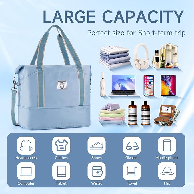 WALNEW Travel Duffel Bag, Weekender Overnight Carry On Bag for Women Men, Foldable Waterproof Gym Luggage with Metal Buckle Detachable Shoulder Strap and Wet Compartment (Light Blue)