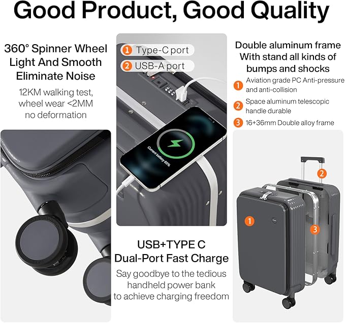 mixi 2-Piece Luggage Sets with Cup Phone Holder and Charger Hard Shell Suitcases with Spinner Wheels, 20+26 Rock Gray