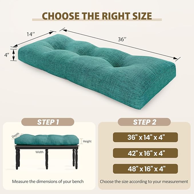 downluxe Indoor Bench Cushion for Indoor Furniture, Non-Slip Tufted Overstuffed Textured Foam Bench Seat Cushion, 1 Pack, 36" X 14" X 4", Green