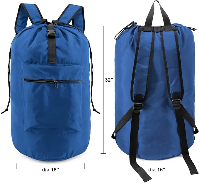 BeeGreen Laundry-Bag-Backpack-Heavy-Duty, Royal Blue Nylon Drawstring Portable Laundry Backpack Tall Foldable Extra Large Dirty Clothes Travel Bag with Handle College Dorm Apartment Essentials