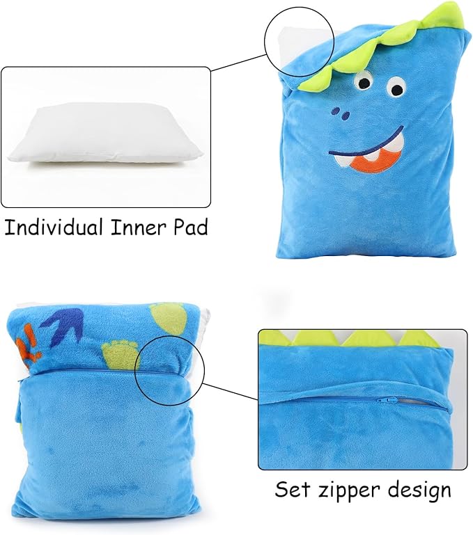 3 in 1 Kids Travel Pillow and Blanket Set - 40x60in, Plush Pillow with Hand Warmer, Dinosaur Pillow Blanket for Boys Birthday Christmas Party Favors and Travel Essential