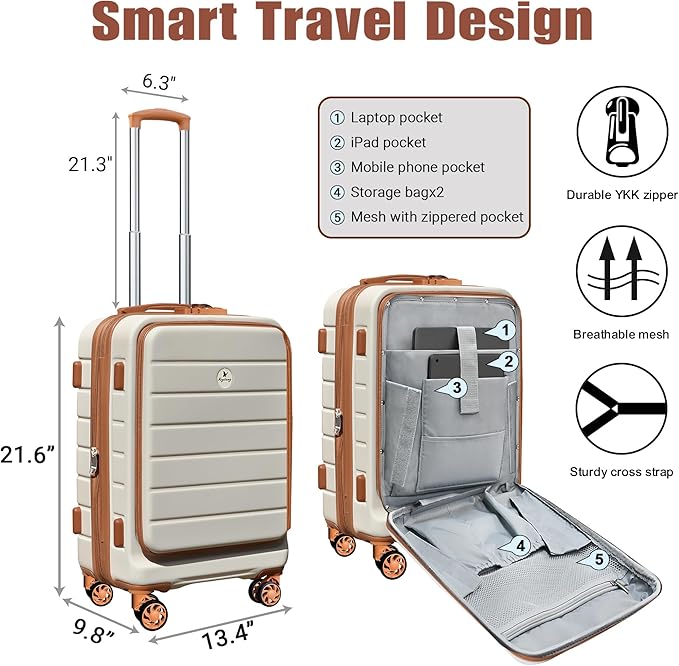 Classic 20" Carry-On with TSA Lock Spinner Wheels, Lightweight Hardside Expandable Suitcase with Front Open Pocket Compartment,Brown