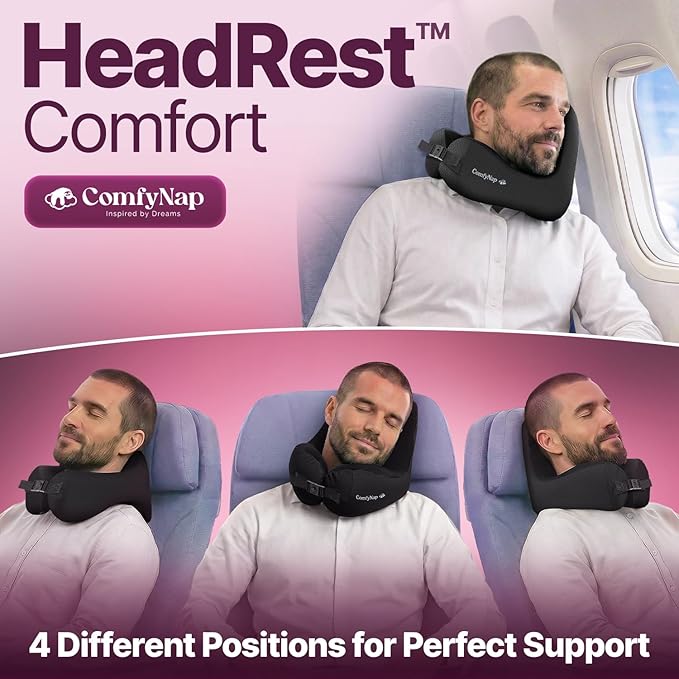 ComfyNap® Versatile Travel Neck Pillow for Airplane [Patented], 9 Positions in 3 Techniques, Plane Pillow with Pure Memory Foam, Travel Pillow with HeadRest Flight Sleep, Travel Essential - Mercury