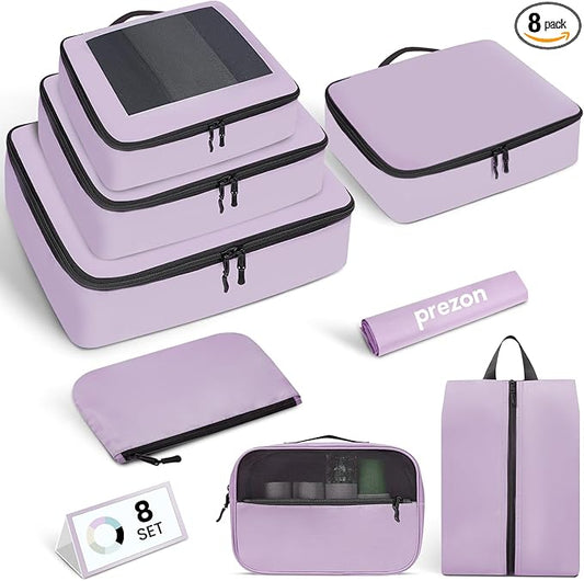 Mesh Packing Cubes for Travel, Durable Luggage Organizer with Sturdy Material and Double Zippers, Comprehensive Set for Travel Accessories Storage, 8 set, purple