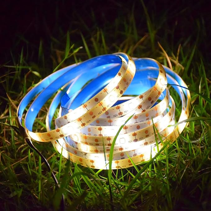 Solar LED Strip Lights Outdoor for Stair, Step, Outside, Yard, 3000K 10FT | 90LED 3000K Warm White with 8 Modes Self-Adhesive Cuttable Automatic ON/OFF IP65 Waterproof Small Ambient Lighting