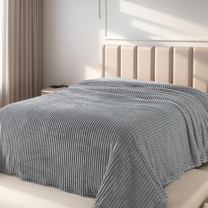 Cuddly King Size Fleece Blanket - Warm and Soft With Striped Pattern for King Calking Bed, 90x108 Inches, Ash Grey