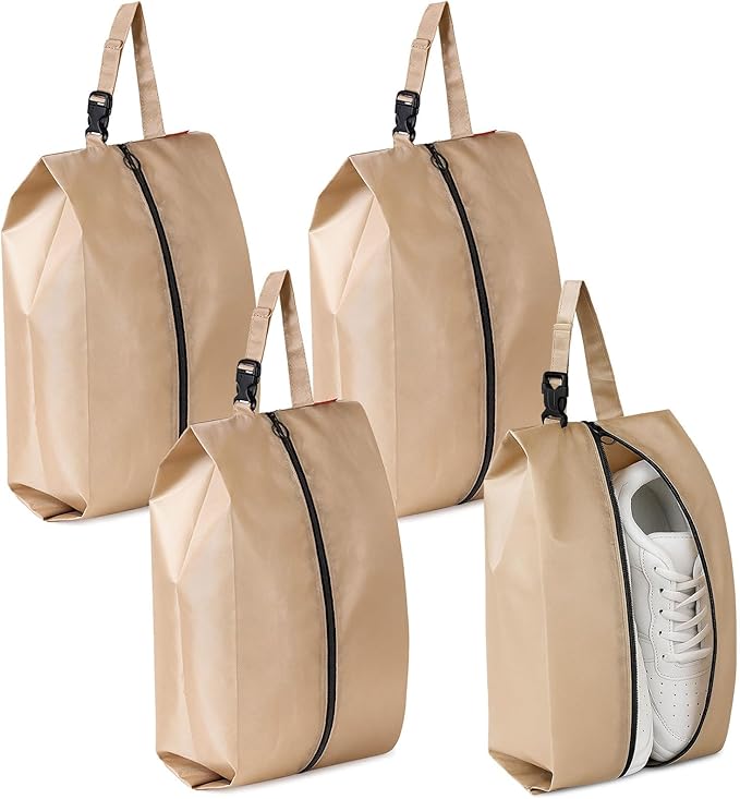 4-Pack Clip & Go Shoe Storage Bags for Travel – Zipper Shoe Pouches with Handle, Lightweight Organizers for Packing and Closet Storage (Khaki)