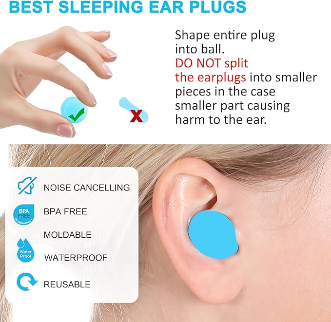 Ear Plugs for Sleeping, Waterproof Moldable Silicone EarPlugs for Sleeping Noise Cancelling, Mowing, Swimming and Concerts, 8 Pair (16 Count)