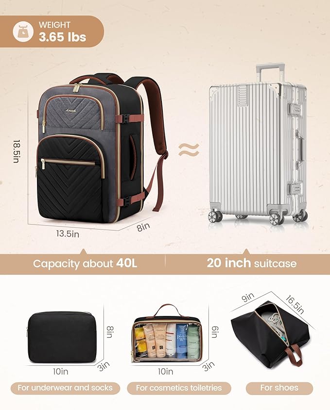 LOVEVOOK Travel Backpack Carry on Flight Approved 40L,Waterproof TSA Travel Essentials Personal Item Backpack for Women Men,Large Carry on Luggage Suitcase Travel Bag for Airplane with 3 Packing Cubes