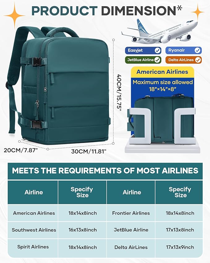 coofay Travel Backpack Carry on Flight Approved Mochila De Viaje Carry on Backpack for Airplanes Spirit Airlines Personal Item Bag 18x14x8 Inches Travel Bag Traveling Backpack for Women Men