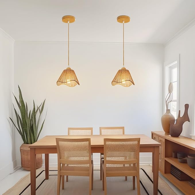 Boho Rattan Pendant Light for Kitchen Island Wave Hanging Lamp | Handwoven Rattan Shade Adjustable Height 10-57 Inch E26 Base Farmhouse Chandeliers for Kitchen Islands And Dining Rooms