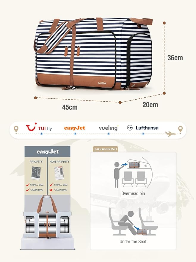 Lekesky Foldable Travel Duffle Bag for Women, Large Duffel Bag with Separate Shoes Compartments & Straps, Carry On Weekend Bag for Women, Hospital, Overnight (Blue Stripe, 30L)
