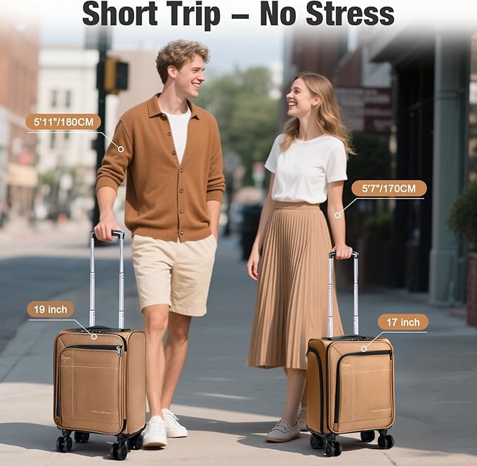 Softside Carry on Luggage Airline Approved, 17 Inch Underseat Carry-on Luggage with Removable Spinner Wheels, Small Personal Item Suitcase for Travel Business, (Brown, 17 inch_Underseat)