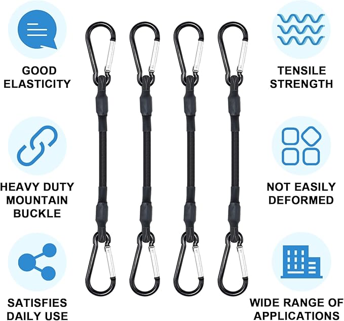 SDTC Tech 12IN Mini Short Bungee Cords with Carabiner Hooks Heavy Duty Elastic Tie Downs Straps for Tent, Bike, Kayak, Luggage (4-Pack Total Length 15 Inches)