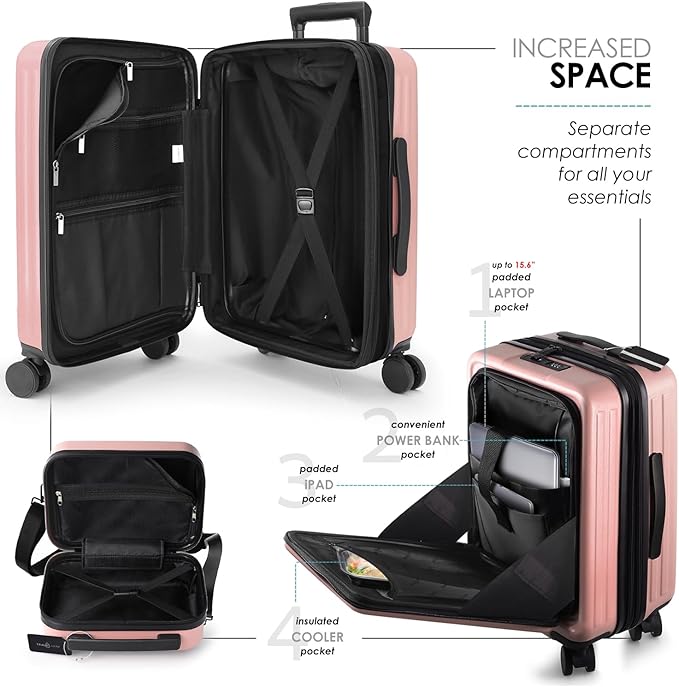 20 Inch Carry On Luggage 22x14x9 Airline Approved, Carry On Suitcase with Wheels, Hard-shell Carry-on Luggage, Durable Luggage Carry-On, Pink Small Suitcase with Cosmetic Case