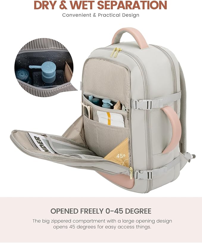 LOVEVOOK Travel Backpack For Women, 40L Carry On Backpack Flight Approved, TSA Personal Item Travel Bag Fits 17 Inch Laptop, Business Weekender Overnight Waterproof Daypack With 2 Cubes, Grey-Pink