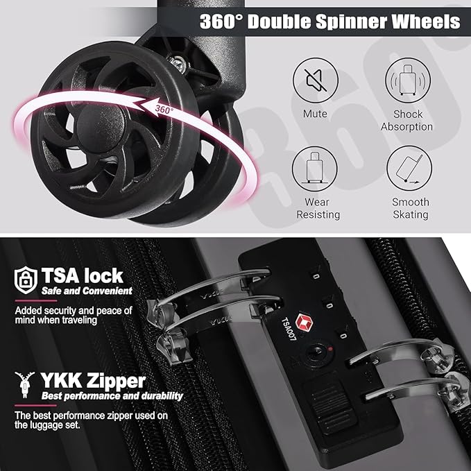 SmileLine 3-Piece Luggage Set Lightweight Hardside Suitcase TSA Lock Spinner Wheels, 20" Expandable Carry-On Luggage with Quick Access Front Open Pocket, Bonus Makeup Bag,Grey