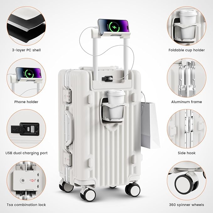 Carry on Luggage, 20 Inch Aluminum Frame PC Hardshell Suitcase with Cup Holder & Charger Port, Airline Approved Weekend Business Travel Case with Spinner Wheels, Tsa Lock