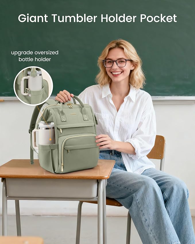 LOVEVOOK Laptop Backpack for Women with Giant Tumbler Holder Pocket,17 inch Waterproof Travel Backpack Purse Computer Laptop Bag,Professional Work College Nurse Teacher Backpack Travel Bag,Bean Green