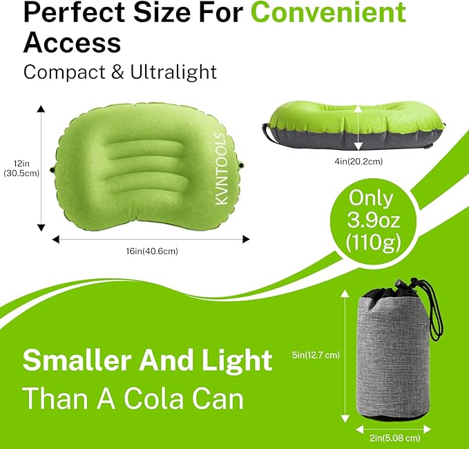 Camping Pillow-Compressible, Ultralight Inflatable,Compact, Comfortable, Ergonomic Inflating Pillows for Neck & Lumbar Support While Camp, Hiking(Green,with Anti Slip Straps)