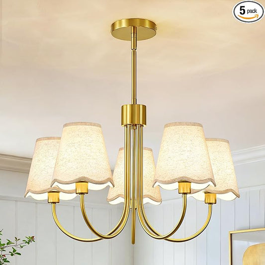 RUIYEY Modern Dining Room Chandelier - 20" 5-Light Gold Chandeliers Light Fixture with Fabric Shades, Height Adjustable Mid-Century Pendant Lighting Over Table for Bedroom Living Room Kitchen Island
