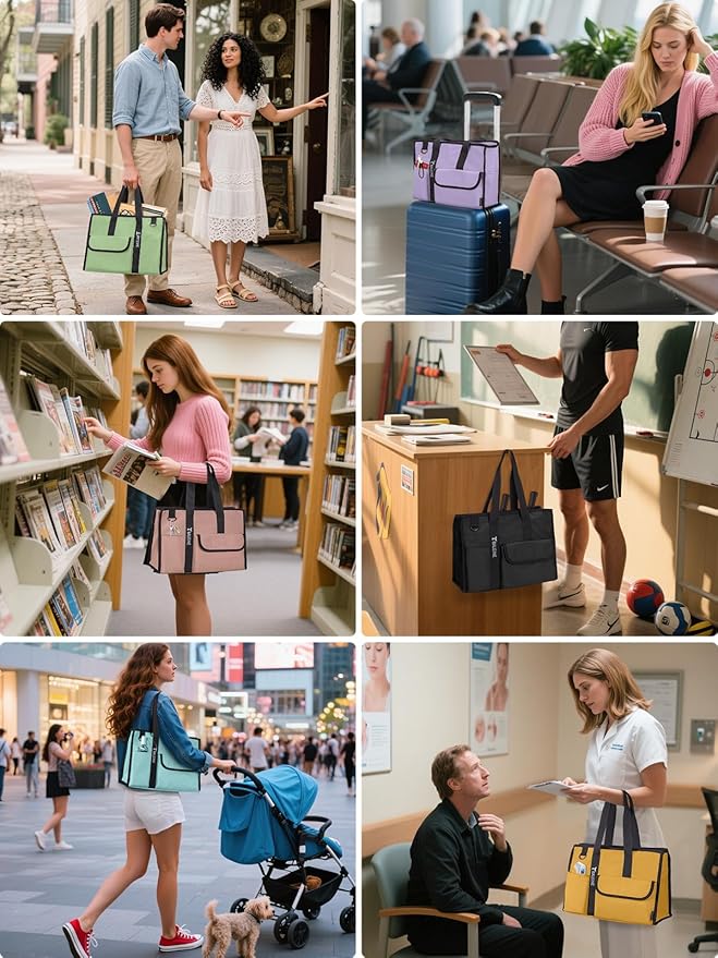 BALEINE Large Utility Tote Bag with Reinforced Bottom, Multi Pockets Foldable Tote Bag for Nurse, Travel, Work