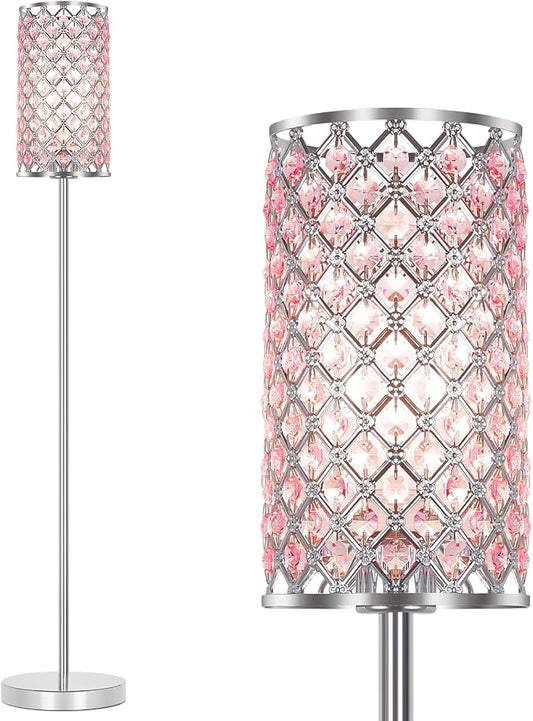 Crystal Floor Lamp, Silver Lamp with Pink Shade and Foot Switch | Elegant Standing Light, Tall Pole Girls Lamp for Living Room Bedroom Dresser Office, E26 Base