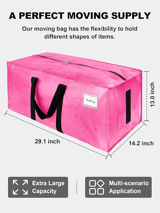 12 Pack Large Strong Moving Bags with Zippers & Carrying Handles - Water-Resistant - Heavy Duty Storage Tote for Space Saving, Fold Flat, Alternative to Moving Box (Pink)
