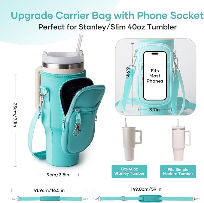 linmaya Water Bottle Carrier Bag for Stanley Cup 40/30oz with Phone Holder Pockets,Neoprene Water Bottle Cross-body Bag with Adjustable Shoulder & Hand Strap Stanley Cup Accessories
