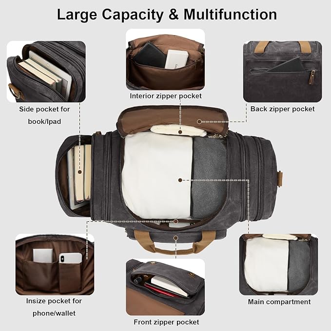 Waxed Canvas Duffel Bag 50L Waterproof Duffle Bag Travel Overnight Weekender Bag