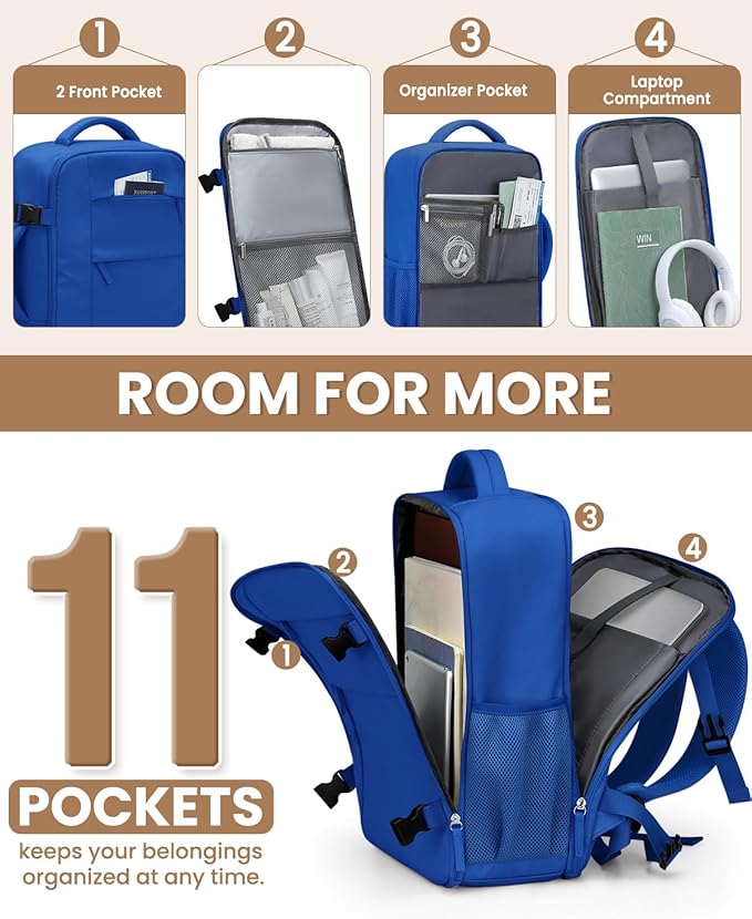 Pritent Travel Backpack for Women Man, Waterproof Laptop Backpack Travel Bag Airline Approved Carry on Weekender Overnight Bag Bookbag for Business,Travel, Work Fits 17.3 inch Laptop(Large,Royal Blue)