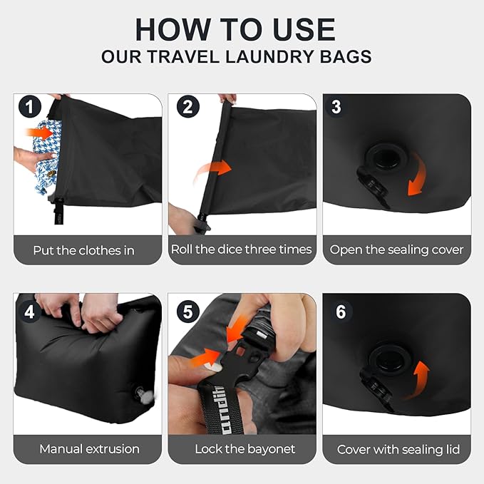 Travel Compression Laundry Bag, Pump-Free Vacuum Space Saver Bag for Dirty Clothes, Reusable Waterproof Wet Dry Bag, Travel Laundry Bag for Luggage, Packing, Suitcase (1 Pcs)（Black, M)